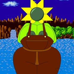 1girl 1girls animate_inanimate arms_behind_back big_breasts big_hips breasts breasts_bigger_than_head brown_clothing brown_overalls dr_gol. featureless_face female female_focus female_only flora_fauna flower flower_girl flower_petals hands_behind_back humanoid nipples original original_artwork overalls overalls_only plant_girl self_upload shirtless solo solo_focus sonic_(series) sonic_the_hedgehog_(series) thick_thighs what_the_hell_sure wide_hips