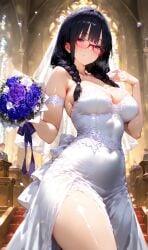 1girls ai_generated black_hair braid breasts bsandra embarrassed female female_only glasses medium_breasts mitsuko_(bsandra) original original_character purple_eyes thick_thighs twin_braids wedding wedding_dress
