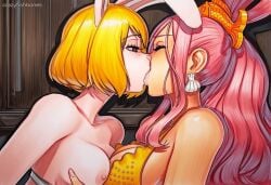 2025 2girls ai_generated animal_ears artist_name blonde_hair breasts carrot_(one_piece) clothing crazyfishbones female female_only kissing multiple_girls nipples one_piece pink_hair rabbit_ears shirahoshi yuri