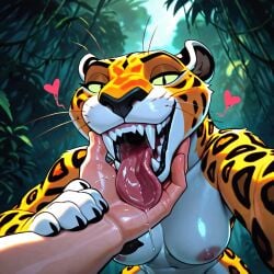 ai_generated black_lips breasts disney drool fangs felid feline female hand human_hand leopard licking licking_hand looking_at_viewer maw mouth nipples open_maw open_mouth sabor saliva sharp_teeth tarzan_(1999_film) teeth tongue tongue_out