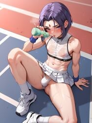 ai_generated athletic athletic_femboy bulge_under_clothes femboy femboy_focus femboy_only g-string penis_in_panties raven_(dc) see-through_clothing skirt skirt_lift sports_bra steaming_body steamy_breath sweat sweaty_body teen_titans tennis_uniform white_clothing white_panties