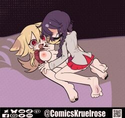 big_breasts black_hair black_nails braids breasts cat_ears comicskruelrose funamusea long_hair lying_on_bed moge-ko mogeko_castle nervous_face no_face open_legs red_eyes red_shirt red_skirt short_hair smiling student_uniform two_girls two_women white_fangs white_panties white_shirt yellow_hair yonaka_kurai