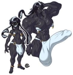 1boy ball_bulge black_body black_hair black_sclera bottom_heavy bulge cock erection erection_under_clothes gigantic_balls gigantic_penis grin grinning_at_viewer hi_res huge_cock long_hair looking_at_viewer male male_only monster_boy muscular muscular_male nemm_(thehelmetguy) nipple_rings penis_bulge sharp_teeth shortstack skinny smiling smiling_at_viewer solo thehelmetguy white_background yellow_eyes