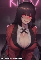 ai_generated big_ass big_breasts big_butt big_thighs black_hair blush breasts glowing_eyes hime_cut huge_ass huge_breasts huge_butt huge_thighs jabami_yumeko kakegurui red_eyes school_uniform wanuze wide_hips