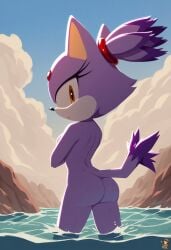1girls 2d 2d_(artwork) ai_assisted ai_generated anthro anthro_female arms_crossed arms_crossed_under_breasts artist_logo artist_name artist_signature artist_upload ass ass_focus back back_view bathing blaze_the_cat booty breasts breasts_out butt_focus crossed_arms dat_ass feline female gem gem_on_forehead in_water looking_at_viewer looking_back mobian mobian_(species) mobian_cat mountain neutral_expression ponytail purple_fur sega self_upload sideboob sinandsketch sky sonic_(series) sonic_rush sonic_the_hedgehog_(series) tail tail_tuft thick thick_ass tied_hair water wet yellow_eyes