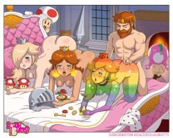 2boys 4girls ass ass_grab beard bed bedroom biceps blonde_hair blue_eyes breasts brown_hair coins condom crown doggy_style doughbutts earrings eyes_closed facial_hair female fire fire_flower fireplace flower flower_earrings green_condom hands_on_ass helmet human human_on_human indoors light-skinned_female light-skinned_male light_skin long_hair looking_at_viewer male male/female male_nipples mario_(series) mature mature_female mature_male multicolored_body multiple_girls muscular muscular_male mushroom mushroom_humanoid nintendo nipples nude nude_female nude_male open_mouth penis_in_pussy power_up prince princess princess_daisy princess_peach princess_rosalina royalty sex star straight straight_sex super_star toad_(mario) toadette tongue tongue_out vaginal_penetration vaginal_sex voluptuous voluptuous_female
