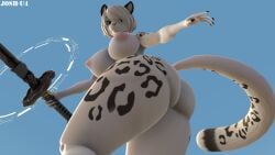 3d anthro ass blue_eyes breasts josh-u4 leopard looking_at_viewer looking_back nier:_automata nipples sword tail weapon yorha_2b yorha_2b_(mayosplash)