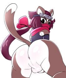2025 accessory amanita_manju_(anaugi) anaugi anthro anus arm_warmers armwear ass backsack balls bottomless bow_ribbon brown_body brown_fur clothed clothing crop_top dipstick_tail face_mask femboy fur genitals hair hair_accessory hair_ribbon hairbow headband hi_res kneeling kusarigama long_hair looking_back male mammal markings multicolored_body multicolored_fur mustelid musteline ninja penis perineum rear_view red_eyes red_hair ribbons scarf shirt simple_background solo stoat tail tail_markings topwear true_musteline two_tone_body two_tone_fur warrior weasel white_background white_body white_fur