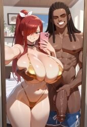 1boy 1girls ai_generated bedroom big_breasts big_breasts big_cock big_penis bikini boobjob breast_grab breasts cameltoe clothed clothed_female clothing cock curvy_hips dark-skinned_male dark_skin dreadlocks erza_scarlet fairy_tail female flaccid flaccid_penis front_view grin holding holding_object holding_penis huge_breasts huge_cock huge_cock imminent_penetration imminent_sex indoors large_breasts large_penis light-skinned_female light_skin long_penis looking_at_viewer male mirror muscular muscular_male novelai one_eye_covered pale-skinned_female pale_skin penis penis_grab penis_out red_hair seductive_look selfie smartphone standing thick_penis thick_thighs thighs veiny_penis voluptuous voluptuous_female