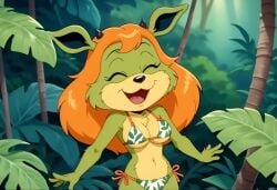 ai_generated amberley bikini blue_eyes furry_female furry_only green_fur horns orange_hair tagme the_dreamstone