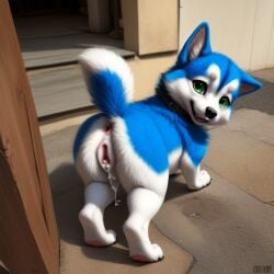 ai_generated ass blue_fur canine canine_pussy cum cute fit fur furry green_eyes horny husky outside puffy pup puppy young