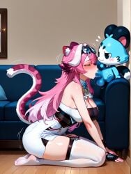 1boy 1girls ai_generated anthro anthro_on_humanoid balls black_clothing black_gloves black_tail blue_eyes blue_fur blush bottomwear breasts cat_tail catboy chattino_(raora_panthera) clothed clothing fan_mascot_(vtuber) fan_mascot_focus_(vtuber) feline fellatio female gloves goggle half-closed_eyes handwear headwear hololive humanoid large_breasts large_penis legwear long_hair male male/female penis pink_hair pink_tail raora_panthera smug straight straight_sex tail thighhighs topwear virtual_youtuber white_clothing white_fur white_hair white_thighhighs yellow_ears