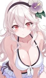 1girls bikini black_hairband blush breasts cleavage corrin_(fire_emblem) corrin_(fire_emblem)_(female) corrin_(summer)_(fire_emblem)_(female) female female_focus female_only fire_emblem fire_emblem_fates fire_emblem_heroes flower frilled_skirt front-tie_bikini grey_hair hair_between_eyes hair_flower hair_ornament hairband large_breasts long_hair looking_at_viewer midriff n_54 official_alternate_costume pointy_ears red_eyes smile solo swimsuit thighs white_bikini white_hair
