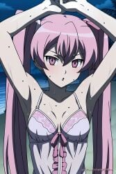 ai akame_ga_kill! armpit_fetish armpits arms_behind_head arms_up breasts flat_chest lingerie mine_(akame_ga_kill!) pink_hair pinku.ai small_breasts sweat sweatdrop sweating sweaty wet wet_body wet_skin
