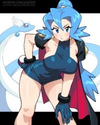 333_(dqqqdle) armpits bare_arms bare_legs bare_thighs bent_over big_breasts blue_eyes blue_gloves blue_hair blue_leotard blush breasts clair_(pokemon) cleavage closed_mouth collarbone earrings gloves hand_on_own_thigh high_ponytail leotard long_hair mature_female pokemon ponytail sideboob thick_thighs thighs