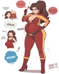 arbrianarchy belch belly_bulge breasts burp cleavage clothing english_text hand_on_hip human large_breasts lollipop mario_(series) mario_kart_world official_alternate_costume pale_skin pauline pauline_(aero) stuffed_belly
