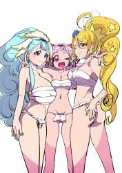 3girls aged_up big_breasts breast_size_difference breasts cure_ange cure_etoile cure_yell fudonshi hand_on_ass hand_on_butt hard_nipples hugtto!_precure kagayaki_homare medium_breasts nono_hana ozakneeland precure pretty_cure pubic_hair small_breasts wink winking yakushiji_saaya