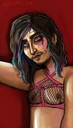 bisexual_male dyed_hair fishnet gay_male lingerie long_haired_male male male_only nipple_piercing no_genitals_shown oc older_male orginal_character original_character red_background solo solo_focus solo_male standing veins