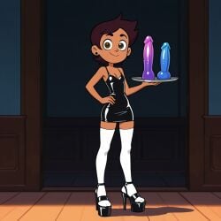 "artist: ai_generated big_dildo black_dress breasts dildo erogintokiai high_heels high_stockings latex_clothing luz_noceda petite_body petite_female petite_girl platform_heels presenting slutty_clothes small_breasts socks solo the_owl_house tight_clothing