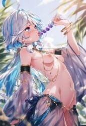 ai_generated almost_naked breasts buttplug_in_mouth curvy_body curvy_female egyptian_clothes furina_(genshin_impact) genshin_impact naked_female nipples raaicave small_breasts white_hair