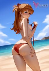 1girls 2d ai_generated areolae ass asuka_langley_sohryu back bare_shoulders beach big_ass bikini bikini_pull bikini_top blue_eyes breasts day erophoenix female female_focus full_body long_hair looking_at_viewer neon_genesis_evangelion ocean orange_hair outdoors pale_skin pale_skinned_female patreon_username red_bikini sky small_breasts solo swimsuit thick thick_thighs uncensored