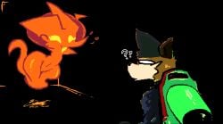 anthro anto_foxo black_background brown_nose canid canine duo empty_eyes eyelashes featureless_chest female flat_chested fox genitals ghost ghost_tail hi_res male mammal navel open_mouth open_smile orange_body pussy simple_background smile spirit thick_thighs wide_hips yellow_eyes