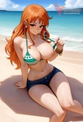 1girls 2d ai_generated areolae ass back bare_shoulders beach big_ass big_breasts bikini bikini_pull bikini_top blue_bikini blue_eyes breasts day erophoenix female female_focus full_body jewelry long_hair looking_at_viewer nami_(one_piece) ocean one_piece orange_hair outdoors pale_skin pale_skinned_female patreon_username pointy_ears purple_hair shorts shounen_jump sitting sky smile solo swimsuit tan tan_lines thick thick_thighs uncensored
