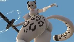 3d anthro ass blindfold breasts josh-u4 leopard looking_at_viewer looking_back nier:_automata nipples sword tail weapon yorha_2b yorha_2b_(mayosplash)