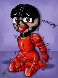 1boy armbinder black_hair collar erect_penis erection gag gagged gagging latex_bodysuit latex_clothing latex_gloves latex_suit latino latino_male mateo_(sanz) oc original_character scared scared_expression short_hair teen teenage_boy teenager young younger_male