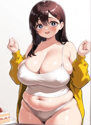ai_generated blue_eyes blush bright_pupils brown_hair cake_slice cardigan cleavage cleavage_overflow erect_nipples_under_clothes hair_between_eyes hair_ornament hands_up huge_breasts long_hair long_sleeves looking_at_viewer midriff navel off_shoulder open_mouth overweight_female panties plump skindentation smutma spaghetti_strap standing tareme tensor.art tensor_art thick_thighs tight_clothing