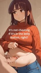 ai_assisted ai_generated animated animated belly belly_button belly_button_penetration belly_button_stretch bellyjob brown_eyes brown_hair cheating_female cheating_girlfriend chubby chubby_belly chubby_female clothed clothed_female_nude_male cum_in_navel cum_on_belly cum_on_body dialogue disembodied_hand disembodied_penis jeans jeans_down midriff midriff_baring_shirt midriff_showing navel navel_fetish navel_penetration navel_poke sweater_lift talking_to_another talking_to_partner talking_to_viewer vertical_video worried worried_expression worried_face worried_look