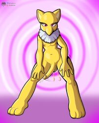 2025 balls bedroom_eyes colorful_background femboy fourssss fur generation_1_pokemon genitals hands_on_legs hi_res hypno_(pokemon) leaning leaning_forward male narrowed_eyes nintendo penis pokemon pokemon_(species) red_eyes seductive signature solo swinging_penis white_body white_fur wide_hips yellow_body