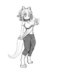 artist_request blue_(limebreaker) breasts erection_under_clothes futanari grabbing_shirt holding_object huge_balls huge_breasts huge_cock huge_testicles intersex lizard_girl lizard_humanoid lizard_tail looking_at_viewer monochrome pants penis_in_clothing shirt