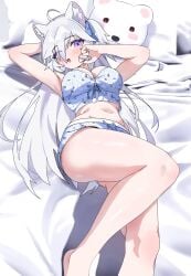 1girl animal_ears bear bear_ears bear_girl big_breasts breasts female fuufie gurumie indie_virtual_youtuber laying_on_bed pajamas tummy vtuber white_hair