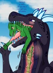 absurd_res alica_(sykari) anthro apode blush bodily_fluids breasts cloud draconcopode dragon duo female feral hi_res in_mouth internal legless looking_pleasured male male/female mythological_creature mythological_scalie mythology naga open_mouth reptile safe_vore saliva saliva_string scalie serpentine sky snake sykari sykari_(character) text vore willing_prey
