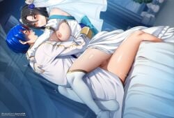 1boy alear_(male)_(fire_emblem) bed black_hair blue_hair breasts bridal_veil bride brother_and_sister censored closed_mouth commentary dannex009 dress dutch_angle english_commentary female fire_emblem fire_emblem_engage fire_emblem_heroes from_side groom half_siblings hug husband_and_wife incest indoors large_breasts long_sleeves looking_at_another mosaic_censoring multicolored_hair nel_(fire_emblem) nel_(stoic_bride)_(fire_emblem) nipples official_alternate_costume on_bed open_mouth red_eyes red_hair sex short_hair sitting smile split-color_hair story_in_commentary straddling straight thighhighs thighs two-tone_hair upright_straddle veil wedding_dress white_dress white_thighhighs