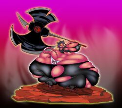 1girls ass axe battle_axe bbw black_hair breasts cleavage demon demon_girl demon_horns demon_tail fat female female_focus female_only furias-snus-nuss helluva_boss hyper_ass hyper_breasts imp large_ass large_breasts looking_back millie_(helluva_boss) nipple_bulge panties red_skin ripped_clothing ripped_pants sharp_teeth steam steamy_breath sweat sweating tank_top underwear wardrobe_malfunction weapon yellow_sclera