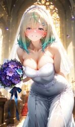 1girls ai_generated blonde_hair blue_eyes blush breasts bsandra female gradient_hair ksenia_(bsandra) medium_breasts medium_hair original original_character russian wedding wedding_dress