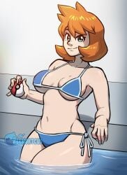 bikini bikini_bottom blue_bikini blue_eyes blue_swimsuit blush breasts cleavage closed_mouth clothing female female_only green_eyes high_resolution holding holding_object holding_poke_ball kasumi_(pokemon) large_breasts looking_at_viewer medium_breasts medium_hair misty_(pokemon_hgss) navel orange_hair partially_submerged peenortacus poke_ball poke_ball_(basic) pokemon short_hair side-tie_bikini side-tie_bikini_bottom side-tie_clothing side-tie_swimsuit smile solo standing swimsuit thick_thighs thighs underboob water wide_hips