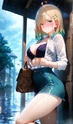 1girls ai_generated blonde_hair blue_eyes blush breasts bsandra female gradient_hair ksenia_(bsandra) medium_breasts medium_hair original original_character russian unbottoned_shirt undressing wet wet_clothes