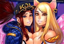 2025 2girls ahri_(league_of_legends) ai_generated animal_ears artist_name blonde_hair blue_eyes breasts cleavage crazyfishbones facial_mark large_breasts long_hair multiple_girls