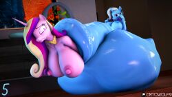 16:9 2025 3d_(artwork) 4k absurd_res almost_fully_inside animal_genitalia animal_penis anthro artist_name balls big_balls big_breasts big_penis blonde_hair blue_body blue_hair breasts cock_vore cryowolf9 digital_media_(artwork) duo equid equine equine_genitalia equine_penis feet_first female friendship_is_magic genitals gynomorph hair hasbro hi_res horn huge_balls huge_breasts huge_cock hyper hyper_balls hyper_genitalia hyper_penis inside intersex mammal my_little_pony mythological_creature mythological_equine mythology nipples penile penis pink_body pink_hair princess_cadance_(mlp) text trixie_(mlp) unicorn vore white_hair wide_eyed widescreen