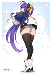antenna_hair ass blazblue blazblue:_central_fiction blush boots breasts female from_behind hair_ribbon hairbow high_heel_boots large_breasts long_hair looking_at_viewer looking_back mai_natsume miniskirt open_mouth panties pantyshot ponytail purple_eyes red_hair school_uniform sideboob skirt solo thick_thighs thighhighs upskirt very_long_hair virus-g