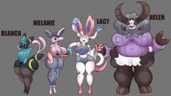4girls ass big_breasts blanca_(piratebay) bra breasts breasts_bigger_than_head bursting_breasts bursting_butt dubwool espeon female horns huge_breasts melanie_(piratebay) milf nipple_bulge nipples_visible_through_clothing oc piratebay pokemon pokemon_(species) sheep_girl sylveon tail thick_thighs umbreon wide_hips