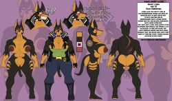 blackarabi canid canine canis clothing cyberpunk_clothes dobermann domestic_dog english_text fan_character female hi_res jacket lynda_(frapterbracllard) mammal model_sheet muscle_tone muscles muscular patterned_fur pinscher reference_image scar solo text topwear