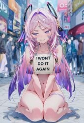 ai_generated citlali_(genshin_impact) embarrassed_nude_female genshin_impact naked_female people_in_background pink_hair public_nudity punishment raaicave sitting_on_floor