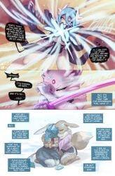 big_breasts black_thong breasts cat_ears comic crying dialogue dialogue_bubble eevee eeveelution english english_text forehead_jewel fuyuki_(gammainks) gammainks gardevoir glaceon hi_res hug mandy_(gammainks) mega_gardevoir nintendo no_sex pokemon pokemon_(species) sad shiny_pokemon snow sword vanessa_(gammainks)