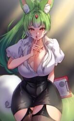 1girls animal_ears black_skirt breasts carbuncle cera_luceria cleavage female female_only globie green_hair hexokai huge_breasts light-skinned_female light_skin looking_at_viewer ponytail red_eyes red_nails shh shirt skirt solo teacher uusdvedp virtual_youtuber white_shirt