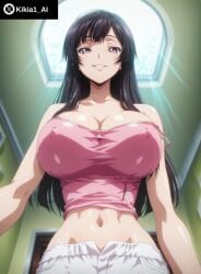 ai_generated big_breasts black_hair breasts code_geass crop_top female female_focus from_below kikia1 large_breasts long_hair looking_at_viewer pants round_ass round_breasts skinny slim_legs slim_waist standing sumeragi_sakuya