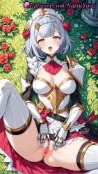 1girls 2025 ai ai_assisted ai_generated anime anime_style armor bangs blush braid breasts female female_only flower gauntlets genshin_impact grass grey_hair hair_flower hair_ornament hentai hi_res high_quality high_resolution highres hoyoverse looking_at_viewer lying mihoyo mihoyo_technology_(shanghai)_co._ltd. natsuyoru noelle noelle_(genshin_impact) on_back open_mouth patreon pussy red_flower red_rose rose short_hair sitting solo spread_legs spread_pussy stable_diffusion thighhighs tongue tongue_out vagina voluptuous voluptuous_female white_legwear